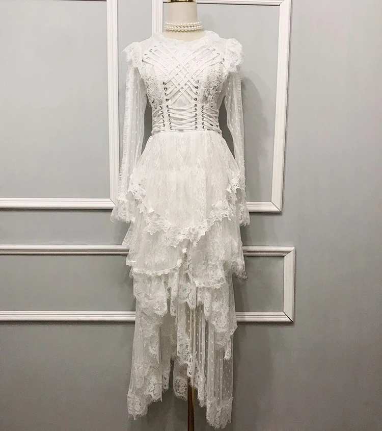 Высокое качество стильный Подиум платье Женская тесьма кружево каскадные оборки кружева асимметричное платье
