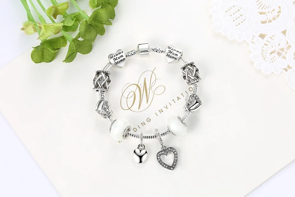 ELESHE, Европейский Серебряный браслет с подвеской, с кристаллами, цветком, бусинами в форме сердца, браслет для женщин, сделай сам, ювелирное изделие, рождественский подарок