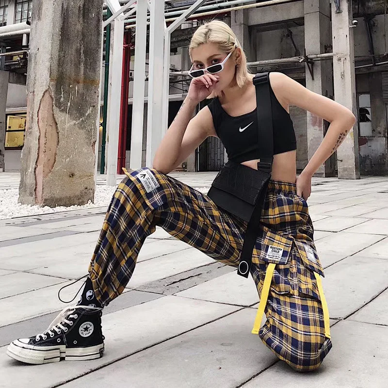 

plaid high waist pants women harajuku trousers women punk wide leg pants ZB05