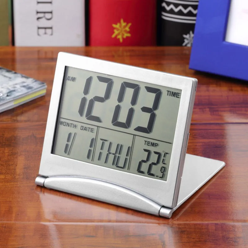 

Wholesale Multi-function Silver New Digital LCD Weather Station Electronic Calendar Folding Desk Temperature Travel Alarm Clock