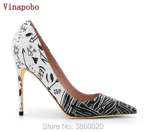 

2019 New Design white Graffiti High Heel Pumps Women 10cm Stiletto Heel Pointed Toe Printed Fashion Shallow Women Wedding Shoes