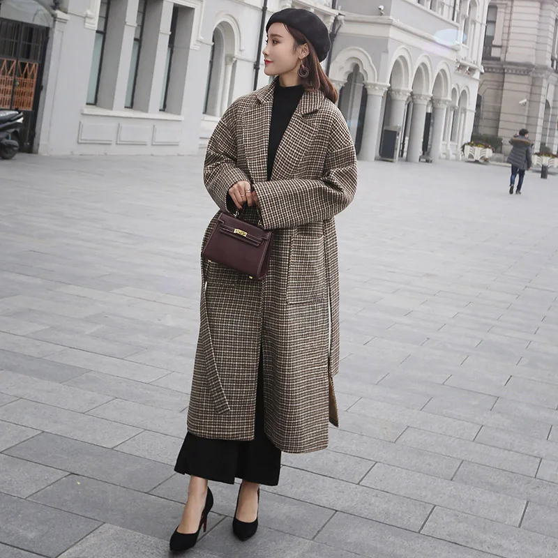 IOQRCJV Womens Autumn and Winter Woolen Jacket Warm Plaid Coat Female Long Large Size Long Sleeves Woolen Coat S105