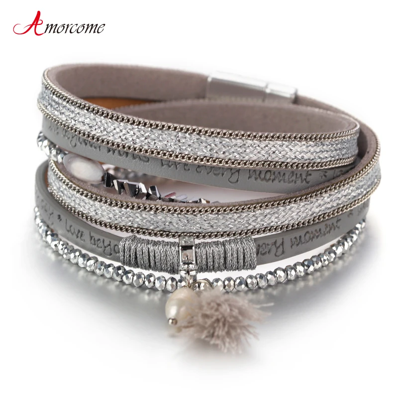 

Amorcome Leather Bracelets for Women 2019 Fashion Jewelry Crystal Handmade Pearl Tassel Mulitlayer Wide Twice Wrap Bracelet