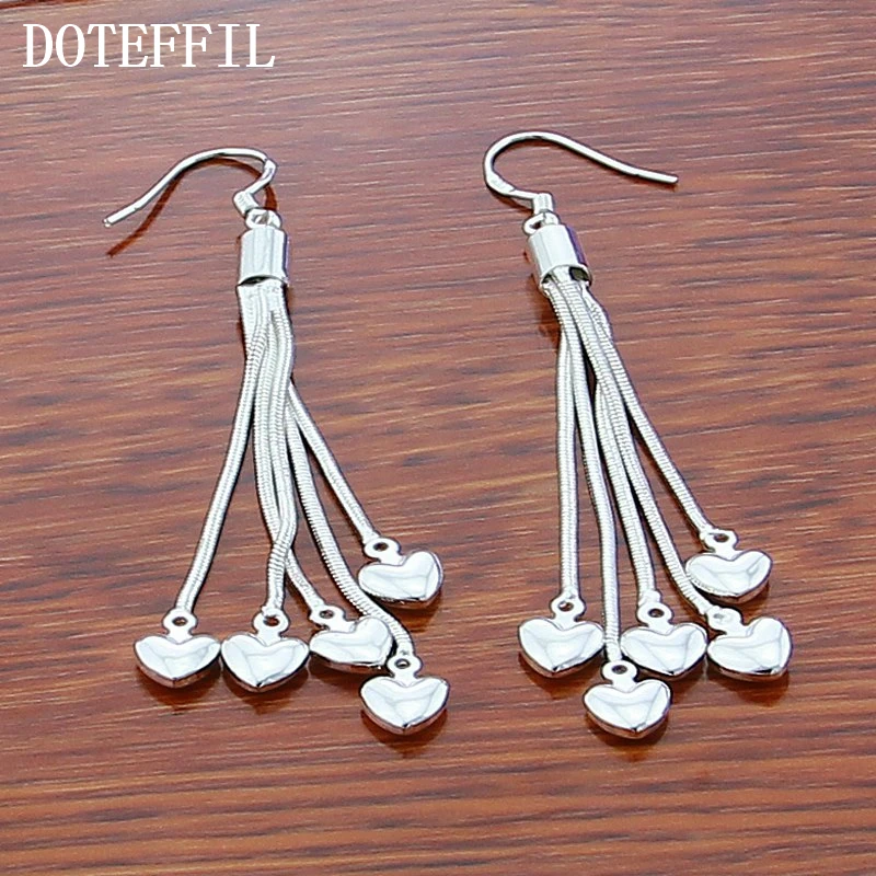 DOTEFFIL 925 Sterling Silver Five Heart Snake Chain Long Drop Earrings For Women Wedding Engagement Party Fashion Jewelry