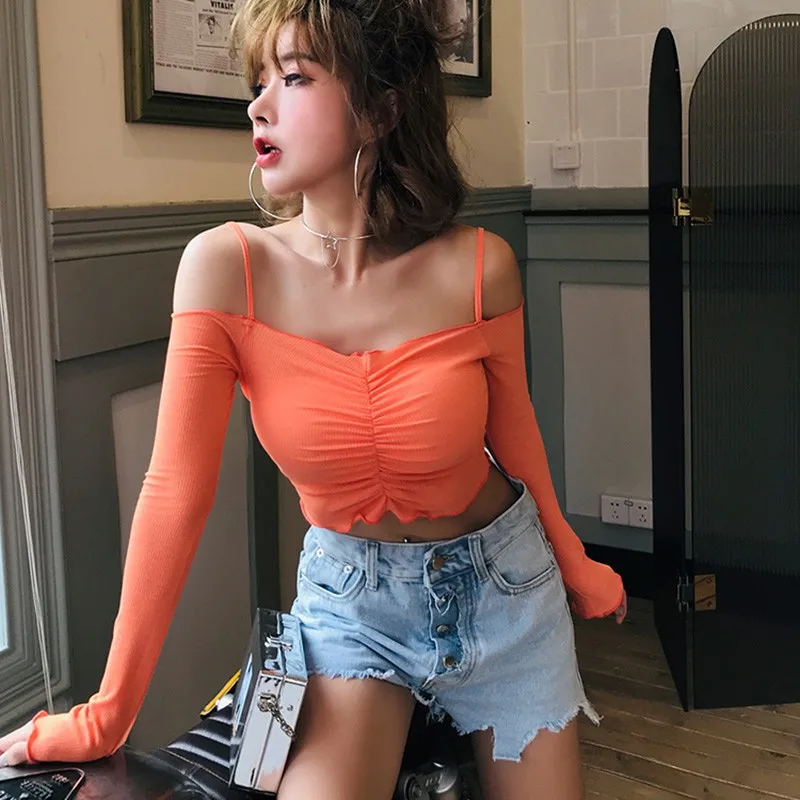 

2019 Summer Sexy Women Off Shoulder Long Sleeve T-shirt Women Casual Solid Crop Top Female Fashion Slim Short T Shirts