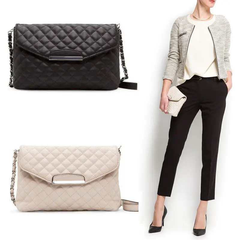 

1Pc White Black Small Boho Handbags Women Girls Faux PU Leather Chain Plaid Clutch Handbag Purse Single Crossbody Messenger Bag