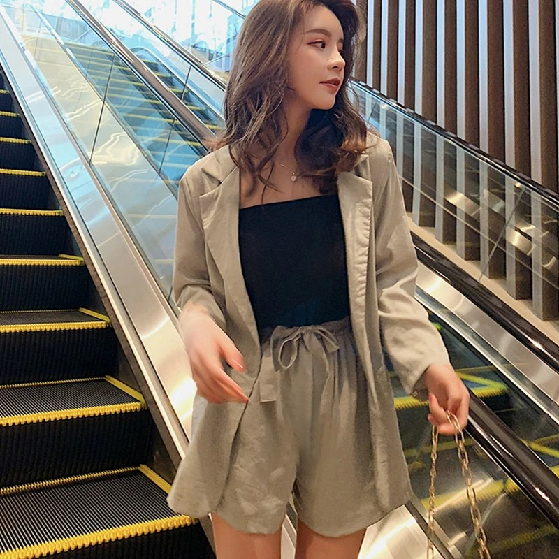 2019 nuevos pantalones cortos de lino de algodón de calidad trajes verano Blazer suelto y pantalones cortos de cintura elástica para mujer 2 piezas conjunto|Conjuntos - AliExpress