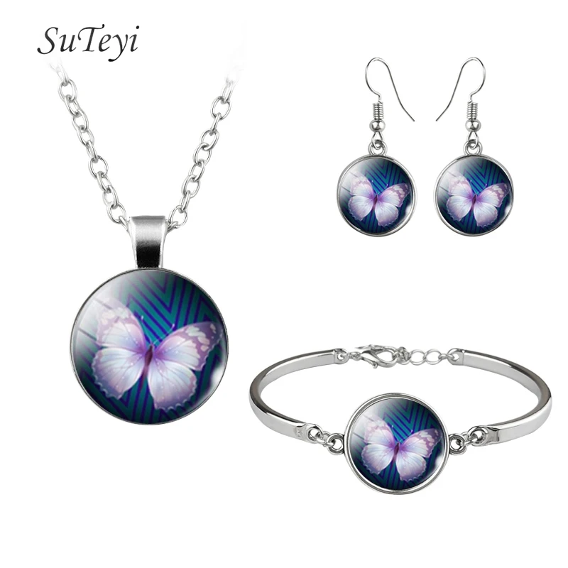 SUTEYI Boho голубая бабочка в искусстве стеклянный купольный Кабошон ожерелье серьги