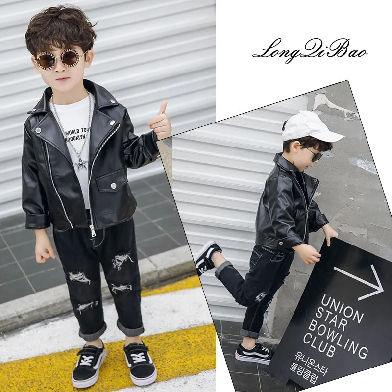 

High quality 2018 autumn and winter boys and girls zipper leather children's lapel Korean version of the jacket boy casual shirt