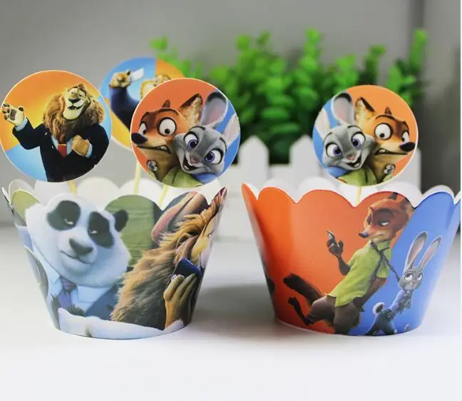 

24Pcs/lot Zootopia/Zootropolis Cupcake Wrapper Kids Birthday Party Deco Favors With Cupcake Topper Insert Card