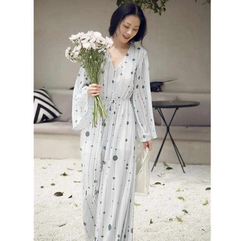 

Big Size Holiday Women Jumpsuit 2019 New Elegant V neck Long Sleeve Loose Soft Chiffon Romper Summer Hollow Wide Leg Jumpsuits