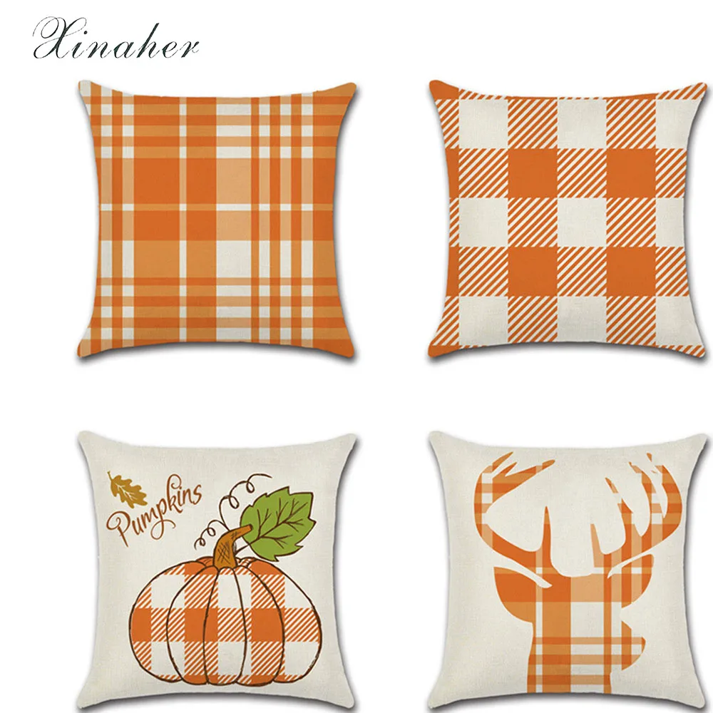 

Thanksgiving Digital Printed Plaid Deer Head Pumpkin Orange Linen Pillow Case Cushion Cover Throw Pillow Car Home Pillowcase