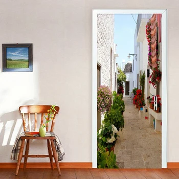 

2 Pieces/Set Self-Adhesive Door Sticker 3D Street Flowers Pastoral Wallpaper Living Room Home Decor Wall Decals Door Sticker 3 D