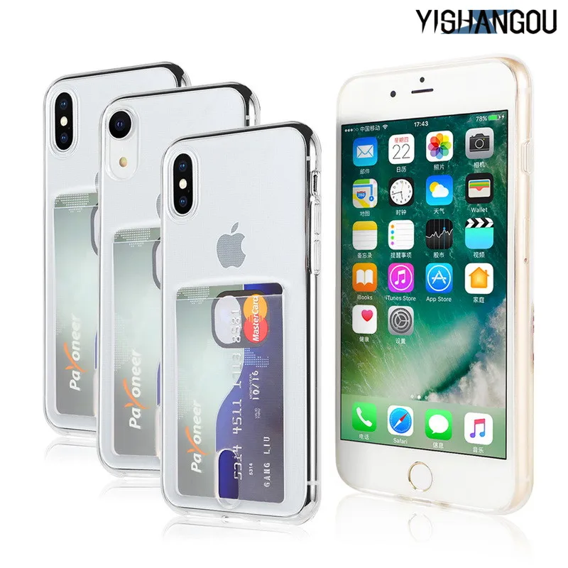 YISHANGOU Credit Card Holder Transparent Phone Case For iPhone 7 8 Plus 10 Soft TPU Back Cover For iPhone 6 6S Plus X XR XS Max YISHANGOU Credit Card Holder Transparent Phone Case For iPhone 7 8 Plus 10 Soft TPU Back Cover For iPhone 6 6S Plus X XR XS Max