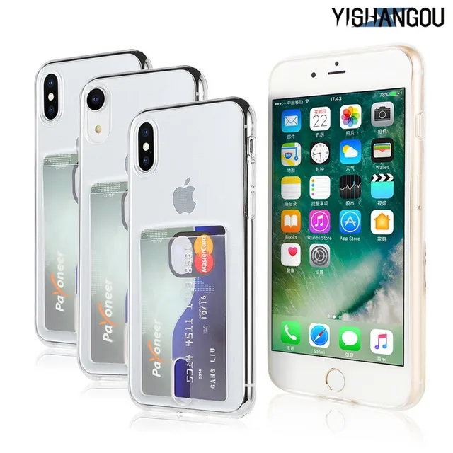 YISHANGOU Credit Card Holder Transparent Phone Case For iPhone 7 8 Plus 10 Soft TPU Back Cover For iPhone 6 6S Plus X XR XS Max