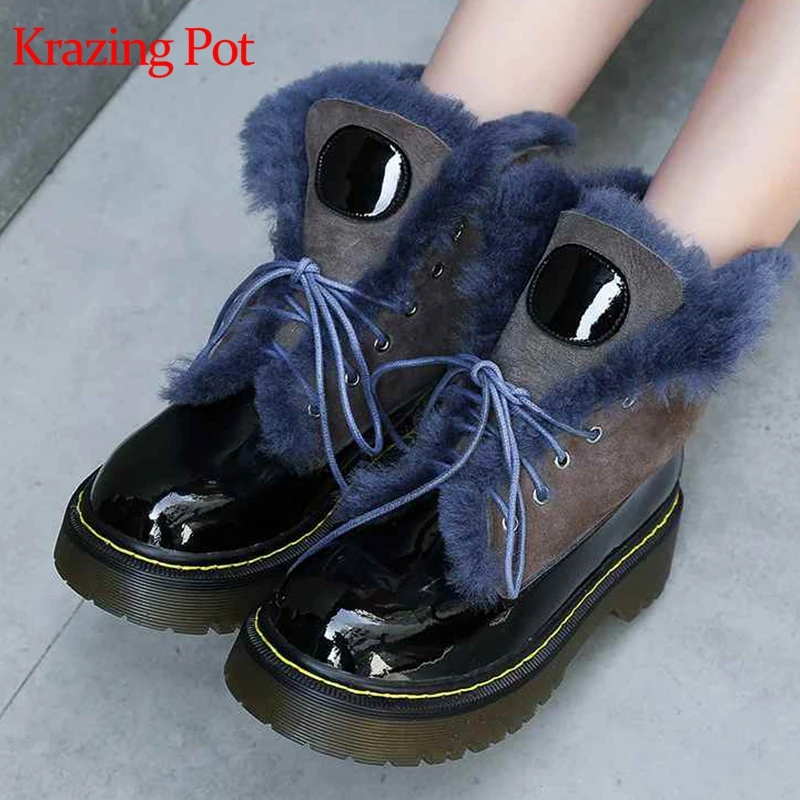 

Krazing pot shearling round toe lace up platform keep warm sheep fur decoration superstar beauty cold protection snow boots L92