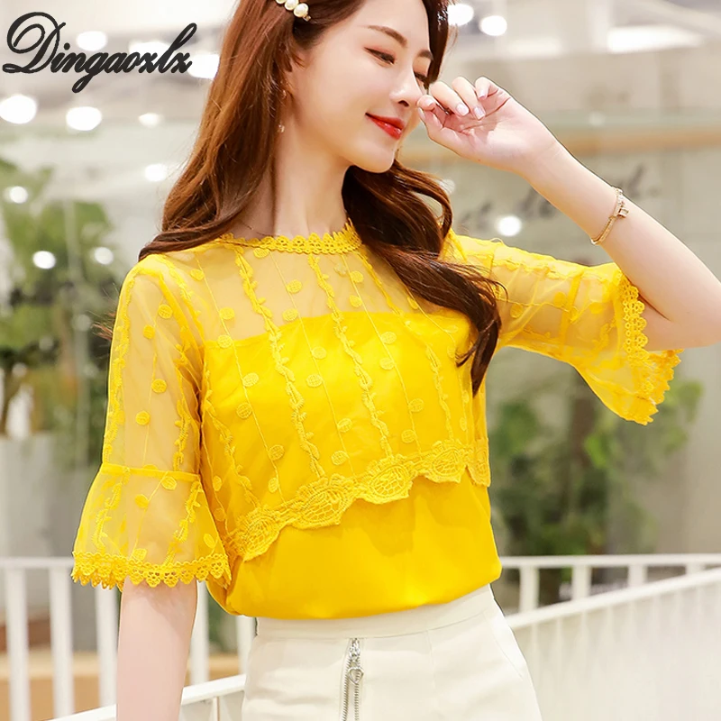 

Dingaozlz New Summer Chiffon Shirt Korean Fashion Women Tops Casual Flare sleeve Stitching Lace blouse