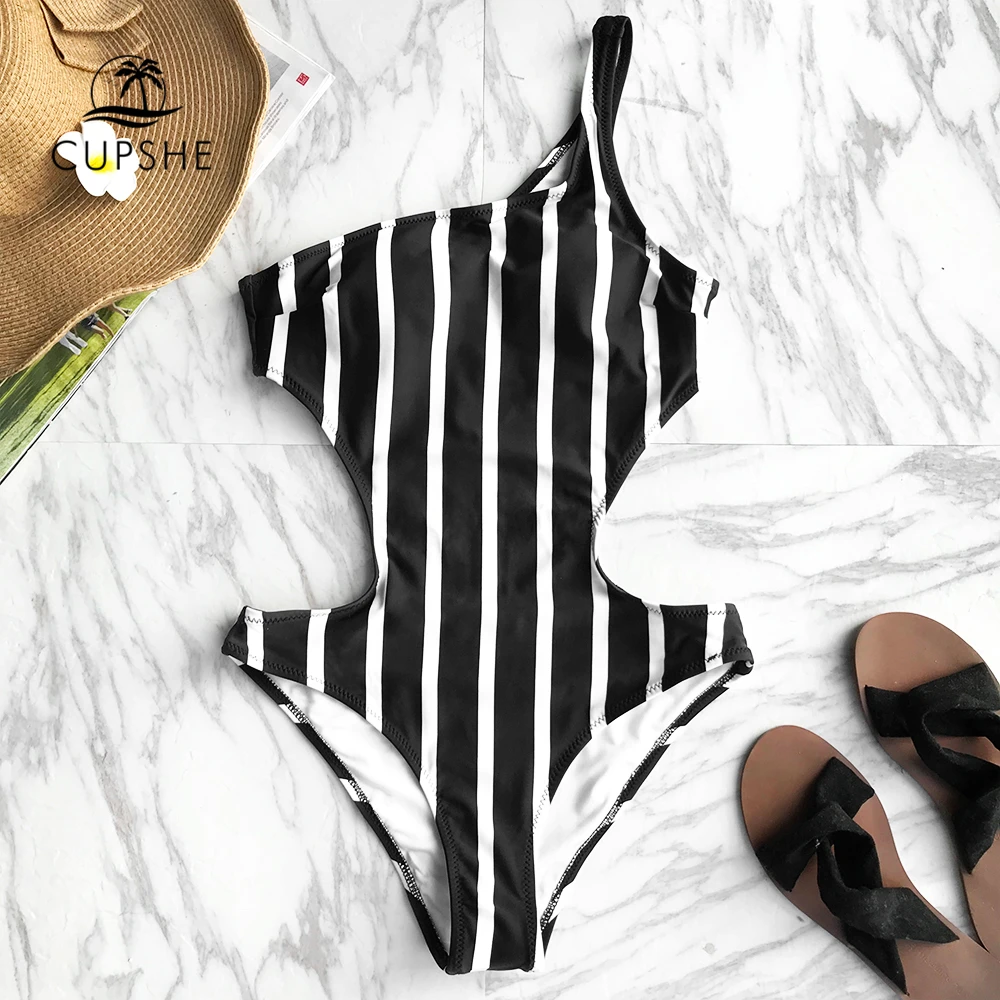

CUPSHE Black And White Stripe One-Shoulder One-piece Swimsuit Women Asymmetric Cutout Lined Monokini 2018 Girl Sexy Swimwear