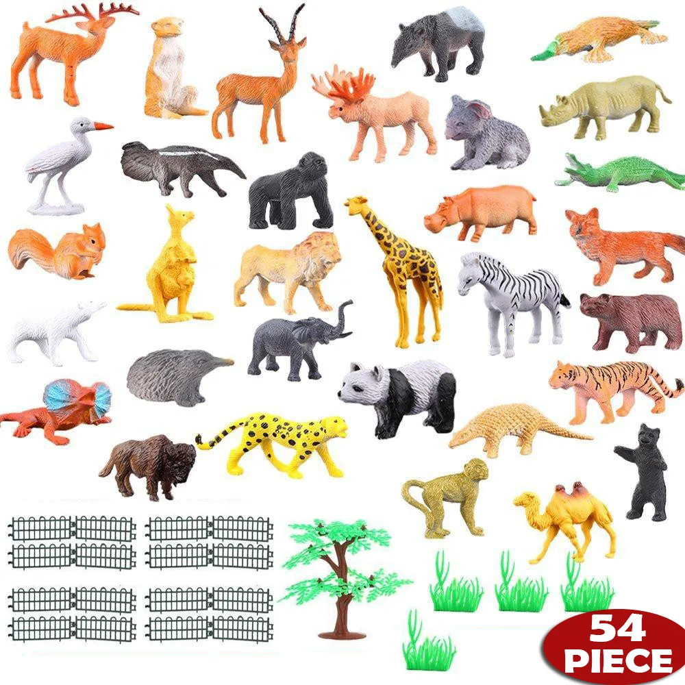 54 шт. мини игрушки модельки животных набор слон жираф Бегемот Лев носорог Тигр дикий пластик животные Развивающие игрушки для детей