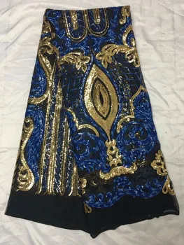 

Blue Gold African French Lace Fabric High Quality guipure lace fabric Sequins Embroidered Tulle Lace Fabric For Wedding party