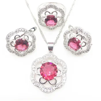 

Natural Rose Zircon Silver 925 Women Jewelry Sets Bridal Rings Earrings With Stones Pendant&Necklace Set Gift