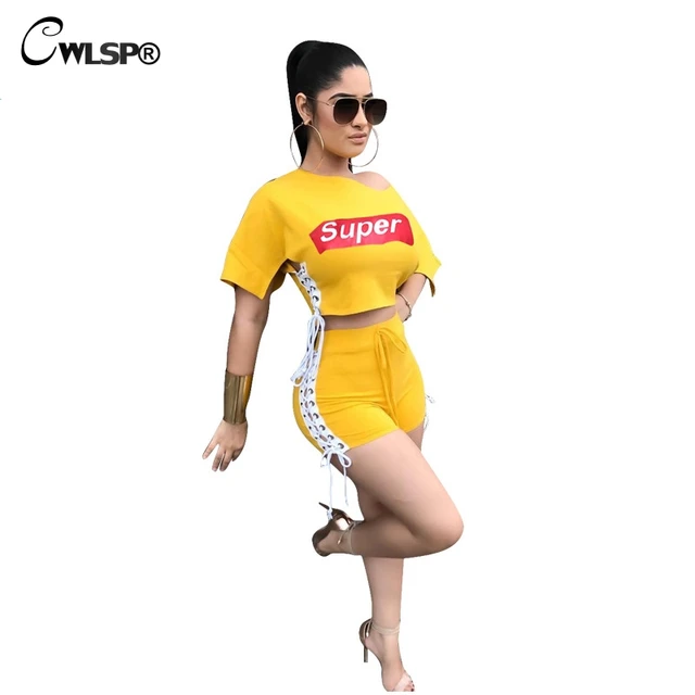Special Offers CWLSP Summre 2018 Yellow FemininoTwo Piece Set Short Sleeve Super Lace Up Printing Fashion Two-piece Suit Sexy Women QA2356 Special Offers CWLSP Summre 2018 Yellow FemininoTwo Piece Set Short Sleeve Super Lace Up Printing Fashion Two-piece Suit Sexy Women QA2356