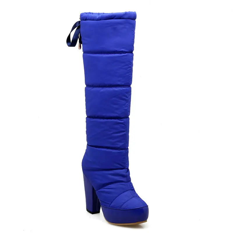 Женские теплые плюшевые сапоги до колена на толстом высоком каблуке; удобная зимняя обувь на платформе с круглым носком; цвет черный, красный, синий
