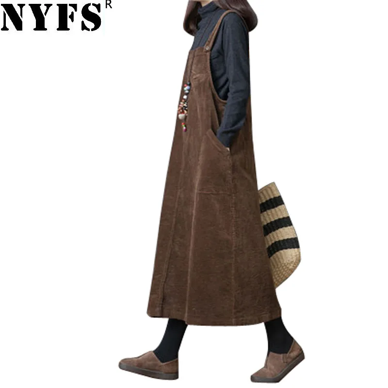 

NYFS 2019 New Autumn Women dress Solid Loose Corduroy strap dress Vintage Long Dress Vestidos Robe Elbise