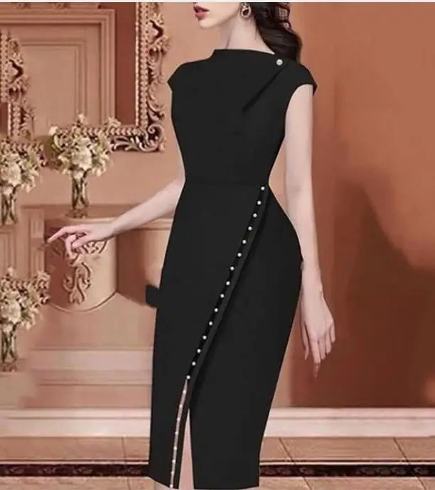 Летнее женское офисное платье, элегантная рабочая одежда, вечерние платья с разрезом, однотонное платье на пуговицах, украшенное бисером, асимметричное платье средней длины с разрезом - Цвет: Черный