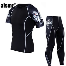 Aismz фитнес ММА компрессионная одежда для мужчин Рашгард мужские костюмы с короткими рукавами перекрестный бодибилдинг мужчин череп печати 3D наборы
