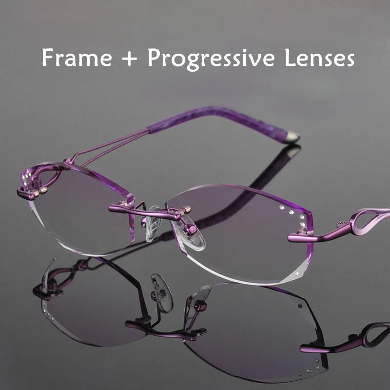 Женские очки из металлического сплава, без оправы, по рецепту, для чтения, близорукость, прогрессивные очки, очки с цветными линзами 258036 - Цвет оправы: Purple Progressive