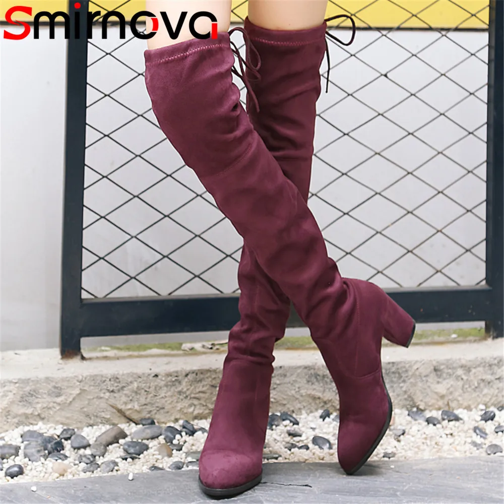 

Smirnova big size fashion autumn winter shoes woman round toe flock ladies Elastic boots high heels women over the knee boots