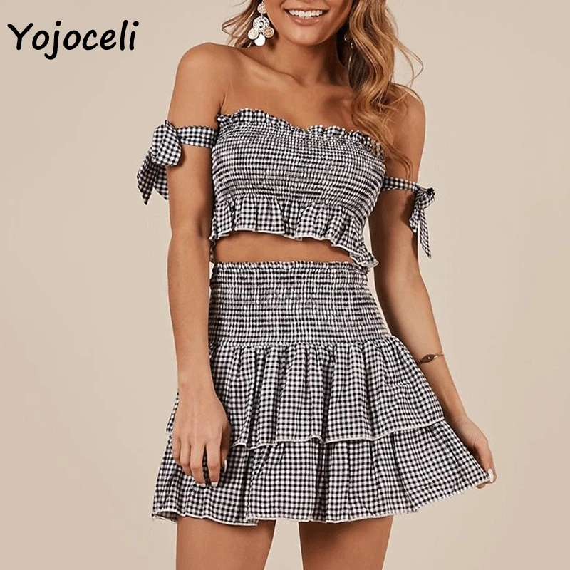 Yojoceli 2019 летнее клетчатое платье из 2 предметов женское уличное мини с бантом