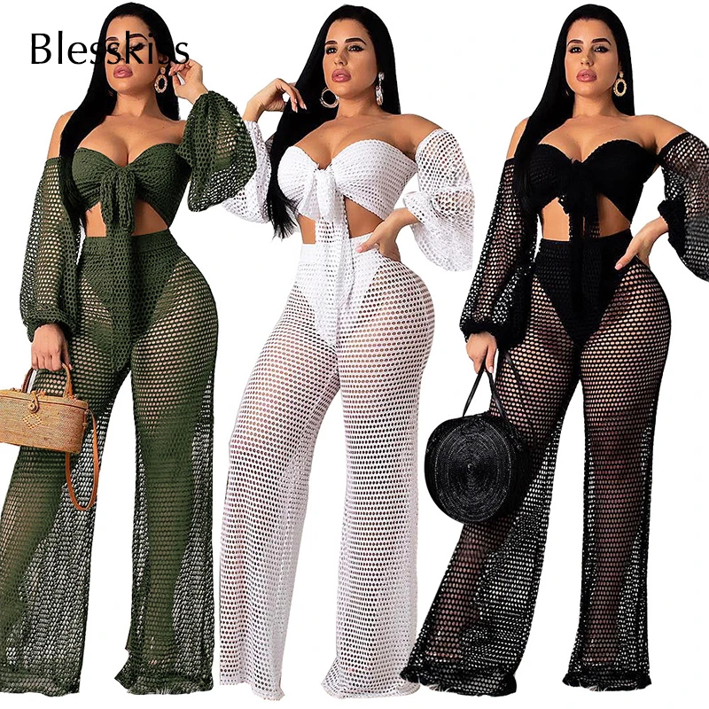 

Blesskiss pareo Beach Cover Up Women Mesh Crochet Long Sleeve 2 Two Piece Set outfits Swim Swimsuit Bathing Suit Beachwear