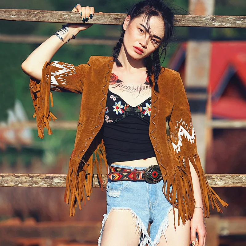 

Spring Autumn Women Vintage Novelty Personality V-Neck Geometry Embroidery Bohemia Tassel Short Jacket Outwear
