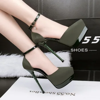 

Korean Very high heel Metal buckle high heels Sexy suede rhinestone women's shoes 14.5cm