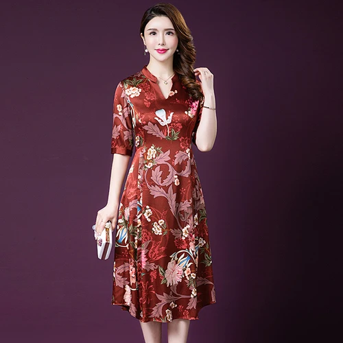 Spring Summer Fashion Silk Women Dress New Style Noble Middle Aged Mother Exquisite Printing Elegant Temperament Dresses