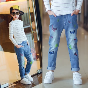 

2020 spring and autumn children's clothing girls slim jeans embroidered butterfly children pants