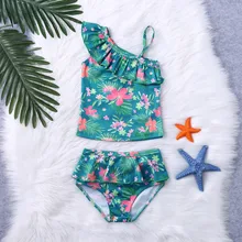 Летний купальный костюм для девочек, бикини, детский купальный костюм, бикини из двух предметов, жилет с оборками, Цветочный купальный комплект, L0521