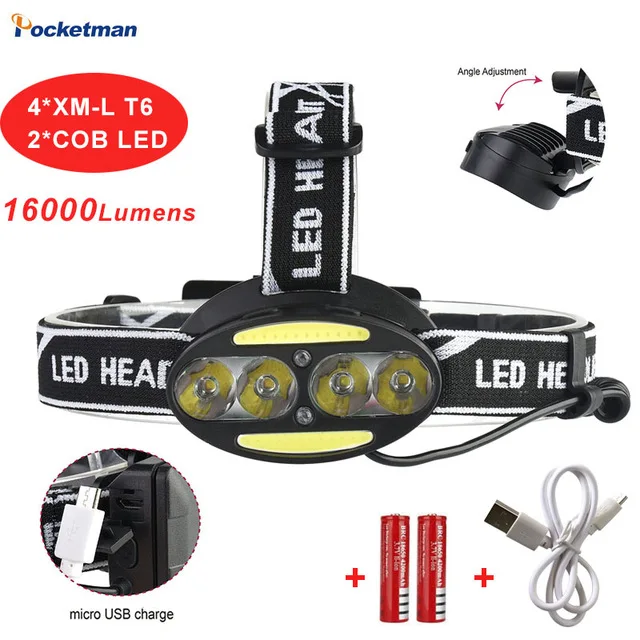 

Headlight 30000 Lumen headlamp 4* XM-L T6 +2*COB+2*Red LED Head Lamp Flashlight Torch Lanterna with batteries charger