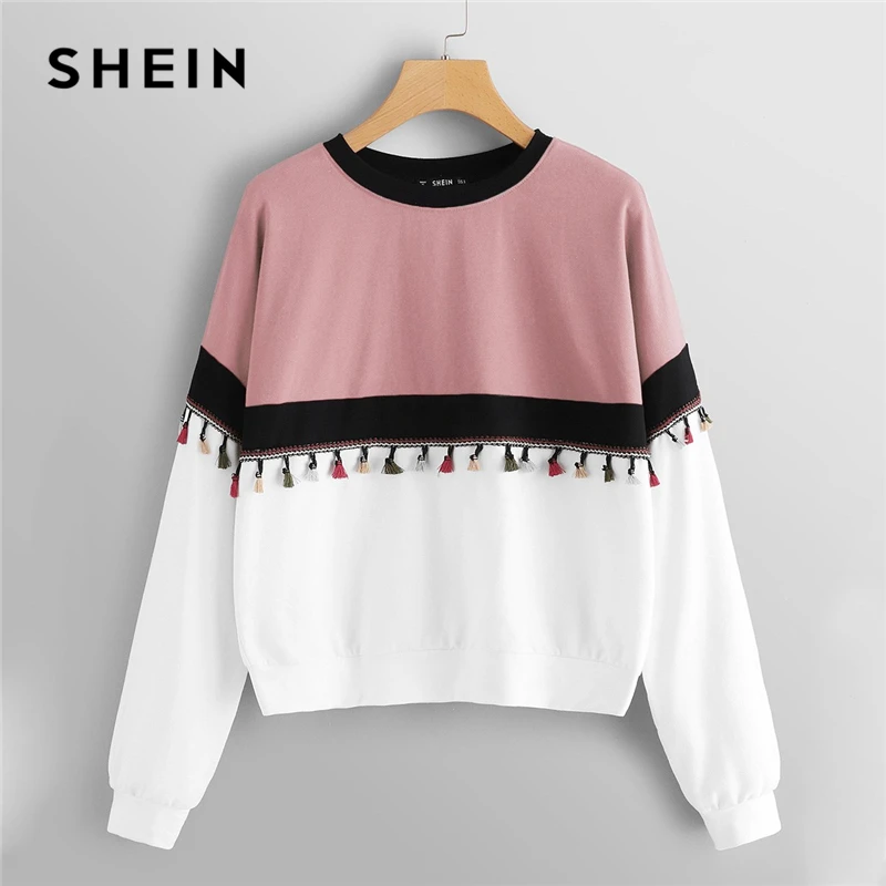 

SHEIN Multicolor Cut and Sew Tassel Detail Colorblock Fringe Round Neck Sweatshirt Preppy Style Hooded Pullover Sweatshirt