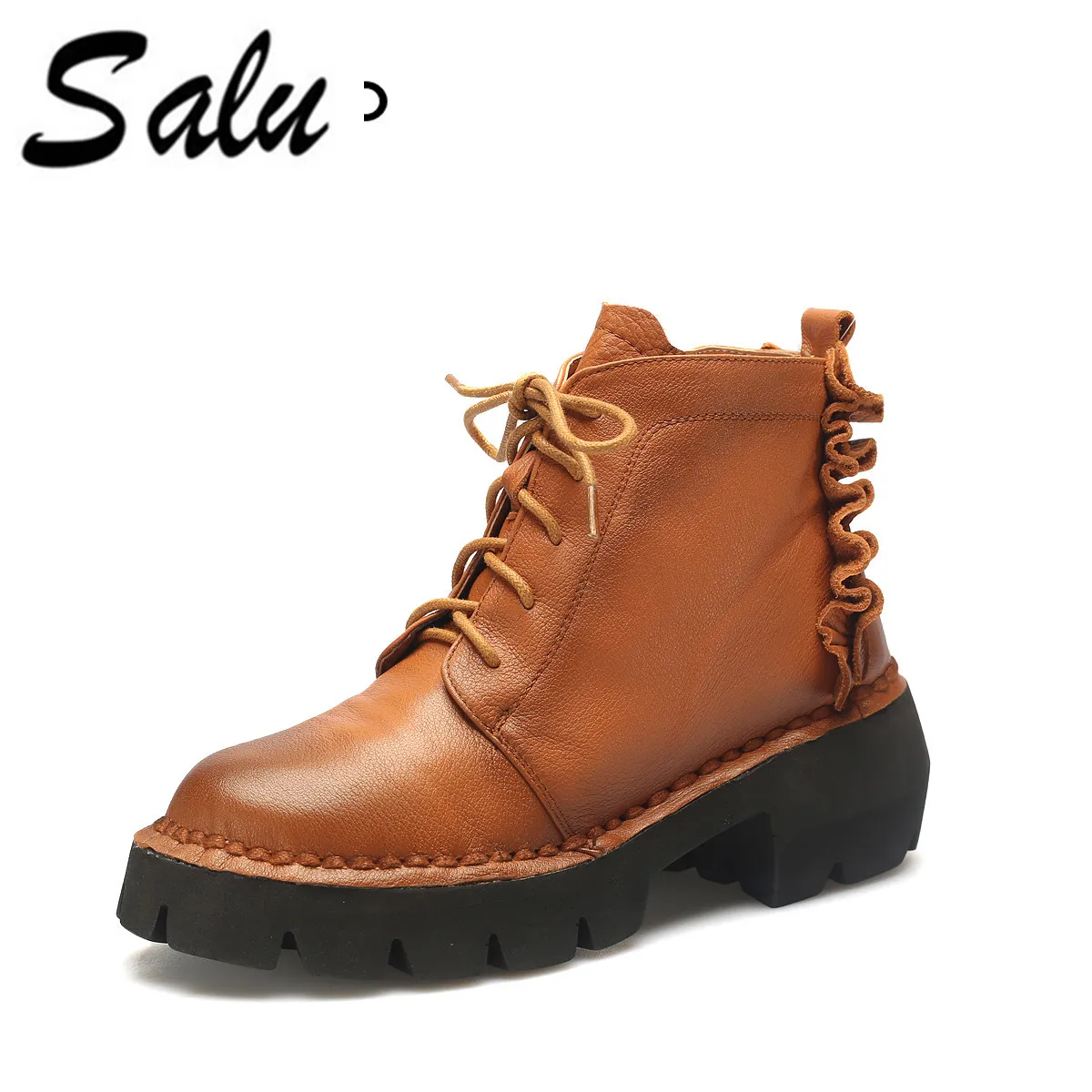 

Salu 2019 Genuine Leather boots Lace Up Shoes Female Botas new Women Ankle Boots Woman Cow leather shoes plus size 11 12