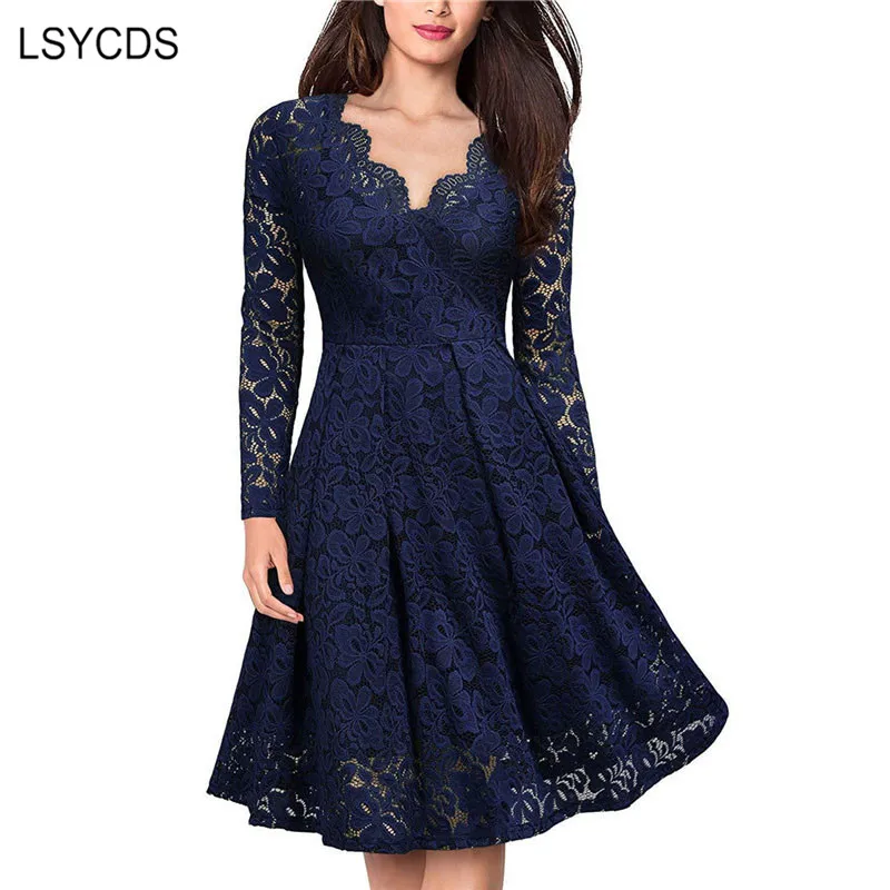 Meilleur LSYCDS élégant Sexy Robe pour femmes Vintage dentelle à manches longues col en V noir bleu Robe Femme robes décontractées Femme fête nuit 2019