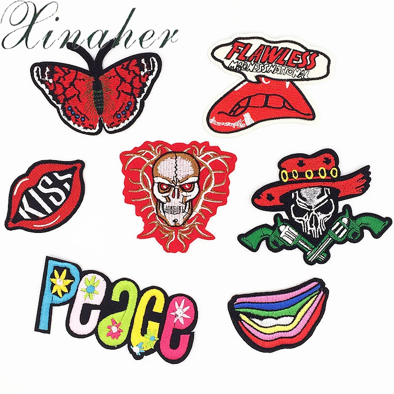 XINAHER Iron On Patches Clothes DIY Flowered Skull Embroidered Patches