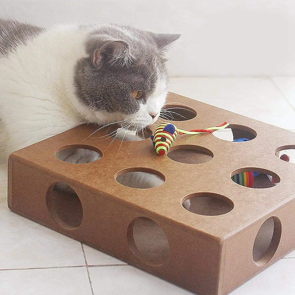 Hot Interactive Cat Toy Puzzle Box Wooden Peek Play Toy Box Hide & Seek Cat Mice Toy & Puzzle Feeder Adorable Cat Toys