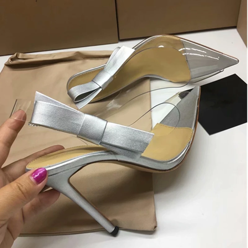 

Hanbaidi Sexy Pvc Clear Women Buckle Strap Sandals Side Bowknot Ruwnay Stiletto Transparent Gladiator Pumps Party Wedding Shoes