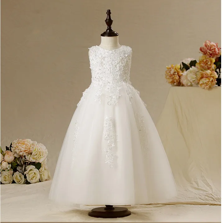 Белое платье принцессы из тюля для маленьких девочек длинное детское свадебное платье с бисером одежда для подружки невесты на день рождения летнее платье