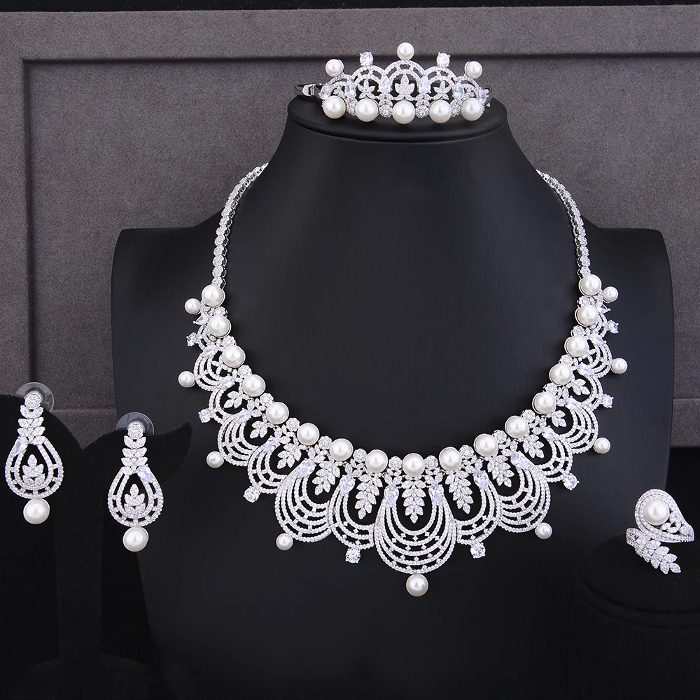 

Gorgeous crown Shape Jewelry Set 4 PCS Handmade with Full Pearls Noble Luxury Necklace Bracelet Earrings Ring Women Accessories