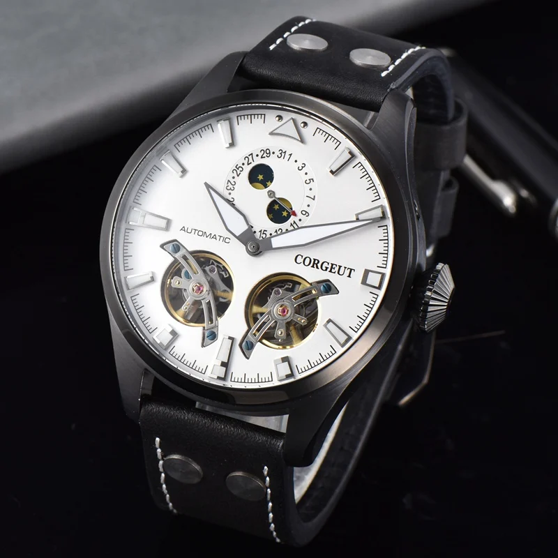 

Corgeut 46mm Mens Automatic Watch Black PVD Case White Dial Luminous Hands WristWatch Date Function Mechanical Watch CA3023PW