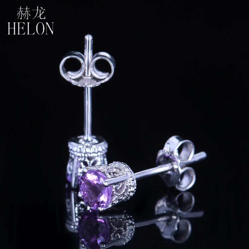

HELON Round 4mm Amethyst Earrings 925 Sterling Silver Art Deco Amethyst Wedding Earrings For Women Fashion Jewelry Nice Gift